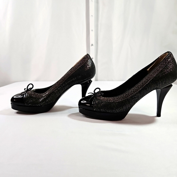 Chanel Black/Silver Suede & Black Patent Leather Platform Heels - Picture 8 of 9